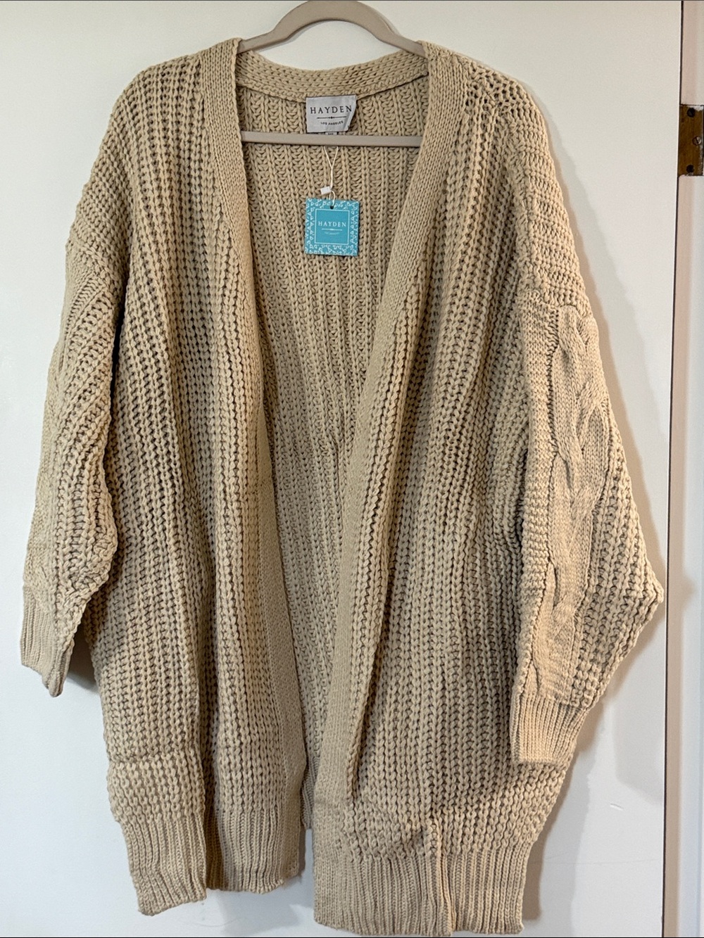 Hayden Oversized Cable-Sleeve Open Cardigan in Taupe